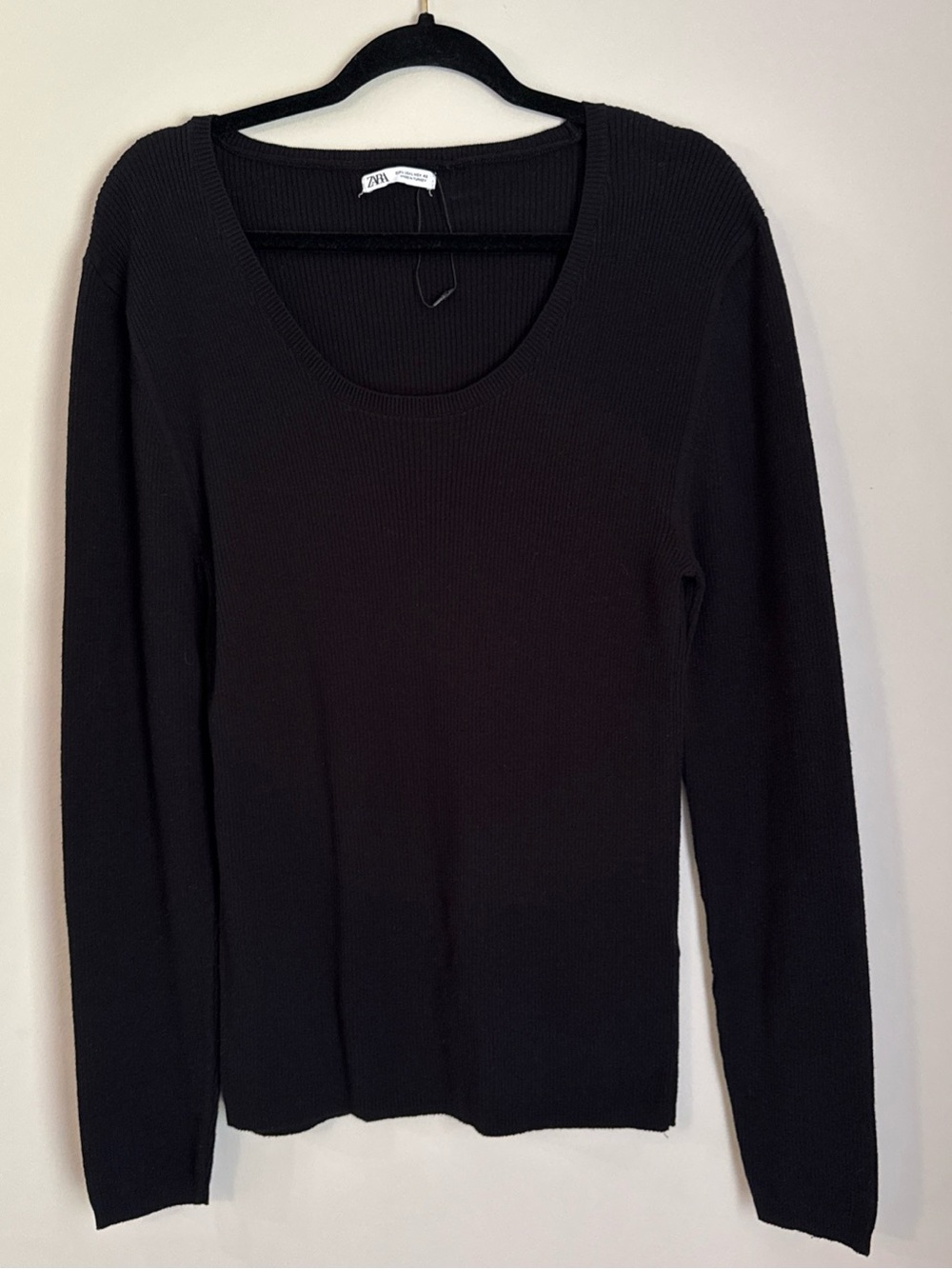Zara Black Ribbed Scoop Neck Long Sleeve Top